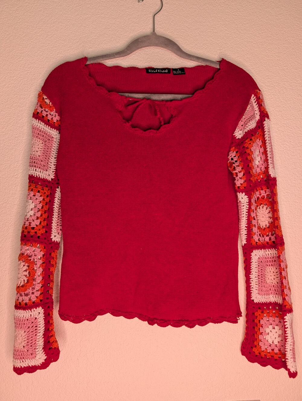 Red Paint Women's Embroidered Floral Sleeves Blouse S Hippie Boho Festival Chic